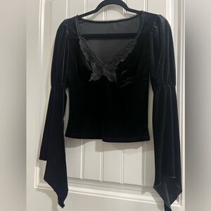 Women’s Whimsigoth Butterfly Black Velvet Top, With Bell Sleeves size 4
